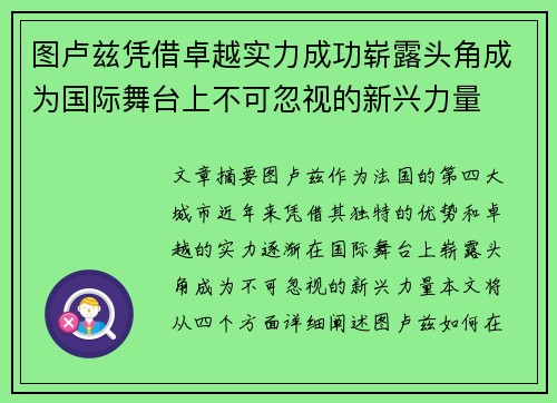 图卢兹凭借卓越实力成功崭露头角成为国际舞台上不可忽视的新兴力量
