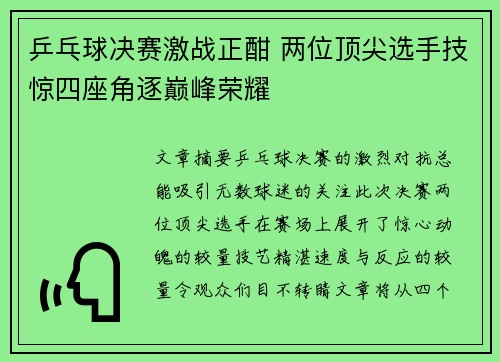乒乓球决赛激战正酣 两位顶尖选手技惊四座角逐巅峰荣耀