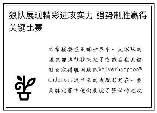 狼队展现精彩进攻实力 强势制胜赢得关键比赛