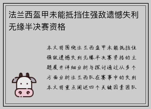 法兰西盔甲未能抵挡住强敌遗憾失利无缘半决赛资格