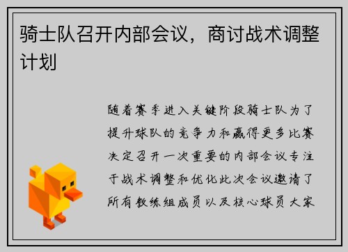 骑士队召开内部会议，商讨战术调整计划