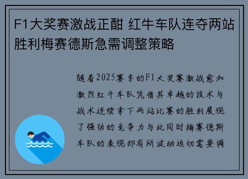 F1大奖赛激战正酣 红牛车队连夺两站胜利梅赛德斯急需调整策略