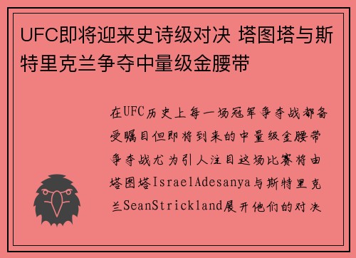 UFC即将迎来史诗级对决 塔图塔与斯特里克兰争夺中量级金腰带