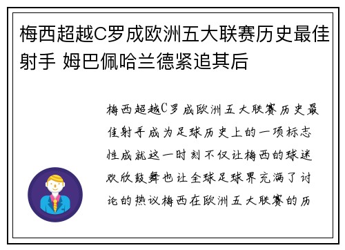 梅西超越C罗成欧洲五大联赛历史最佳射手 姆巴佩哈兰德紧追其后